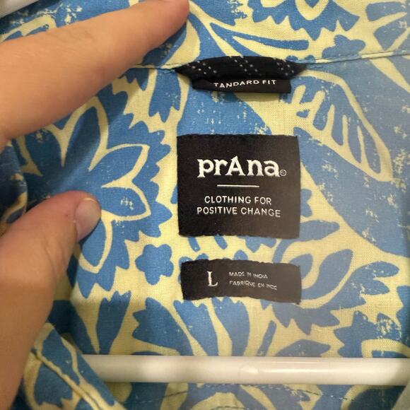 Prana Men's Stimmersee Blue Yellow Floral Bird Print Button Down Shirt Large - Picture 3 of 5